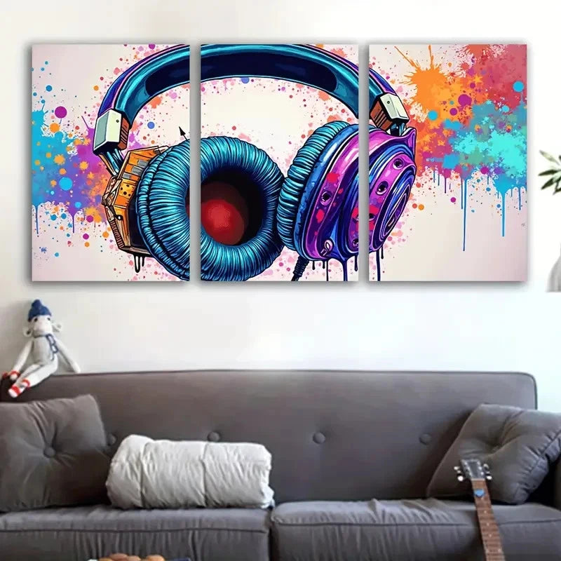 3pcs Headphones With Colored Paint Wall Art Set Canvas Framed 40x60cm - High Quality Print 100% Australian Made Wall Canvas Ready to Hang