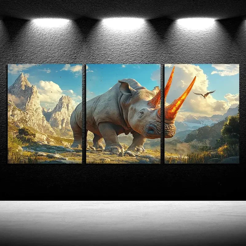 3pcs Vibrant horn Savage Rhinoceros Metal Print Ready to Hang Art - Bella Home Decor