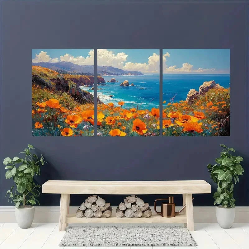 3pcs Big Sur Landscape with Vibrant Yellow Poppy Metal Print Ready to Hang Art - Bella Home Decor