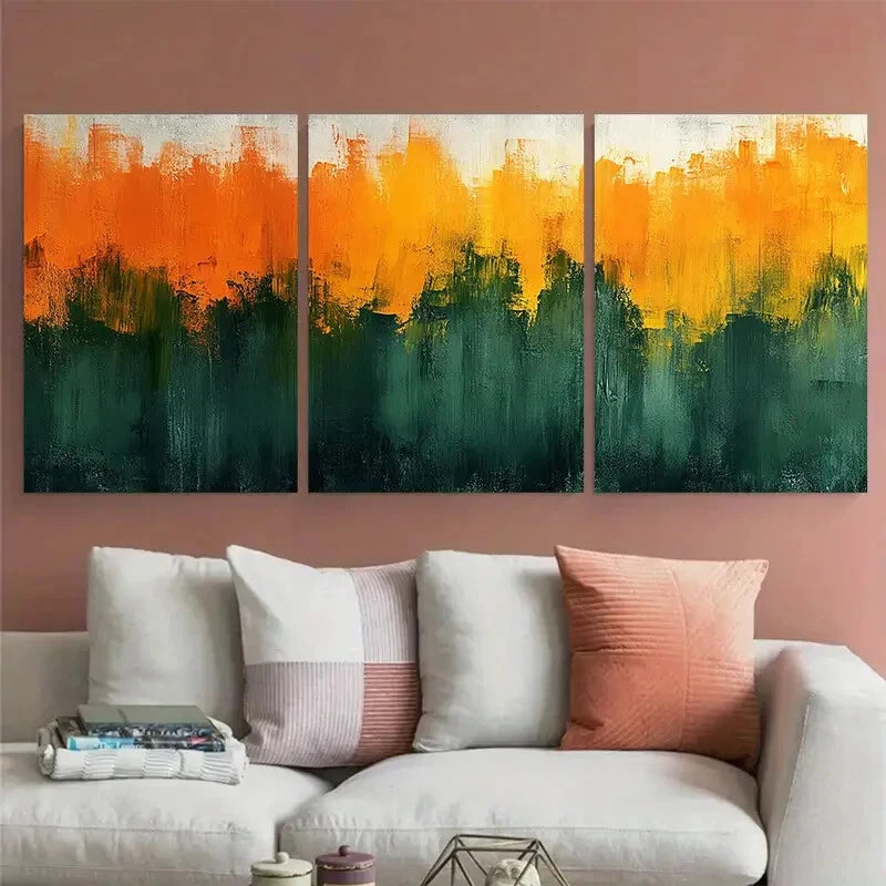 3pcs Green Orange Abstract Brushstrokes Design Metal Print Ready to Hang Art - Bella Home Decor