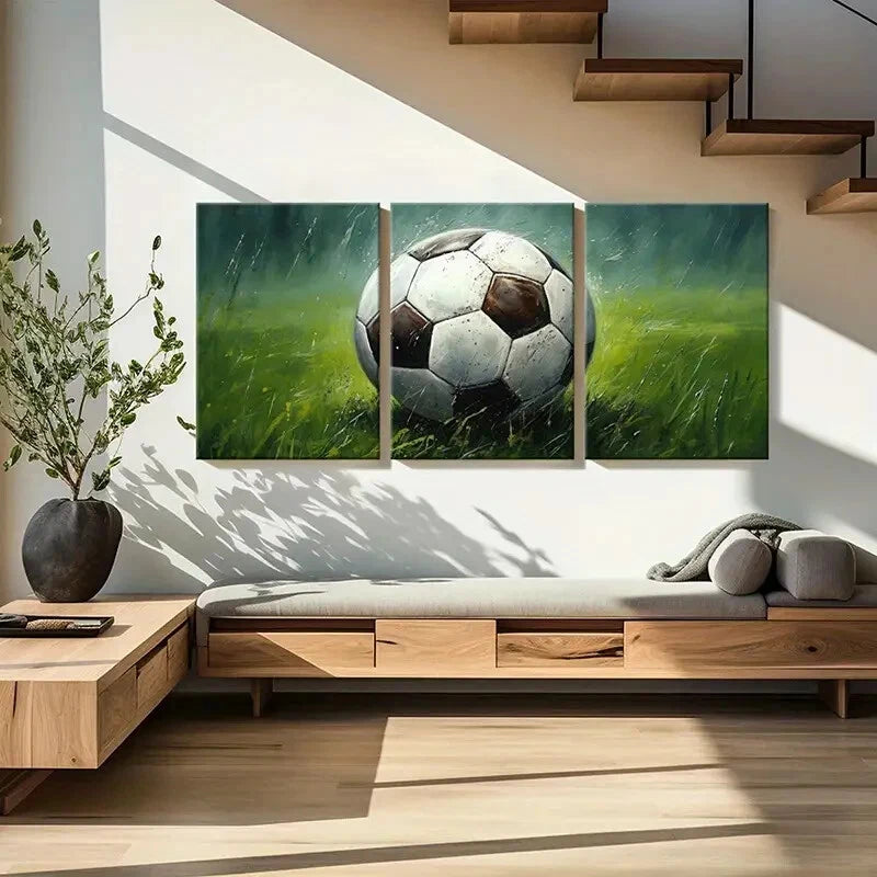 3pcs Abstract Soccer Ball Grass Field Metal Print Ready to Hang Art - Bella Home Decor