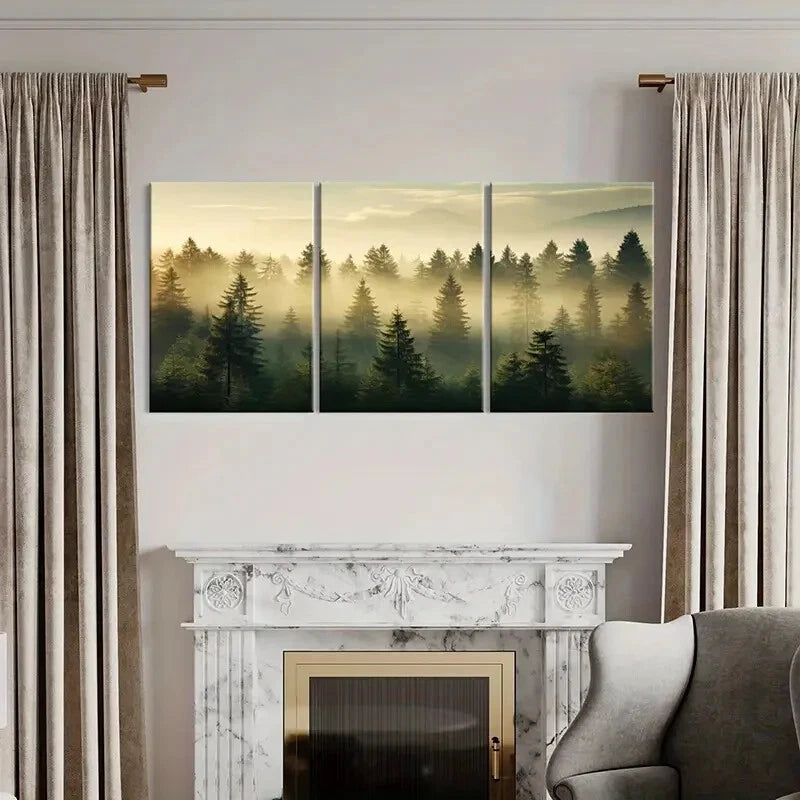 3pcs Misty Forest Landscape Pine Trees Golden Metal Print Ready to Hang Art - Bella Home Decor