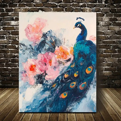 Contemporary Peacock & Peonies Abstract Floral  40x60cm Metal Print Ready to Hang