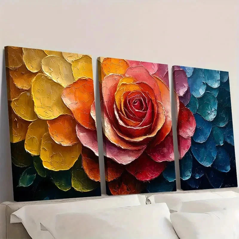 3pcs Vibrant Rainbow Rose VR    Wall Art Set Canvas Framed 60x90cm - High Quality Print 100% Australian Made Wall Canvas Ready to Hang \
