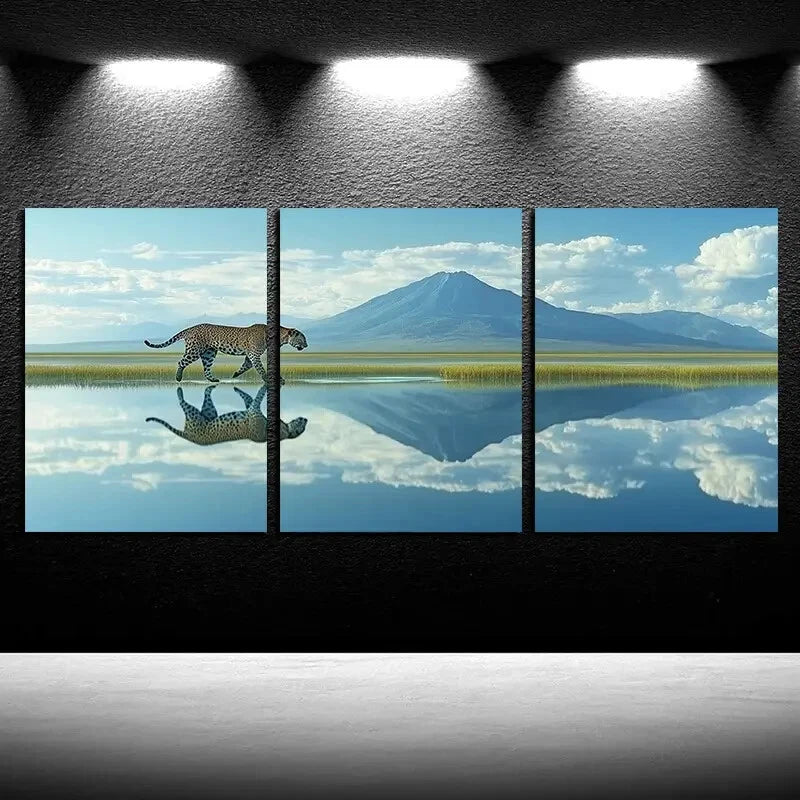 3pcs Vibrant Leopards on the Lake Metal Print Ready to Hang Art - Bella Home Decor