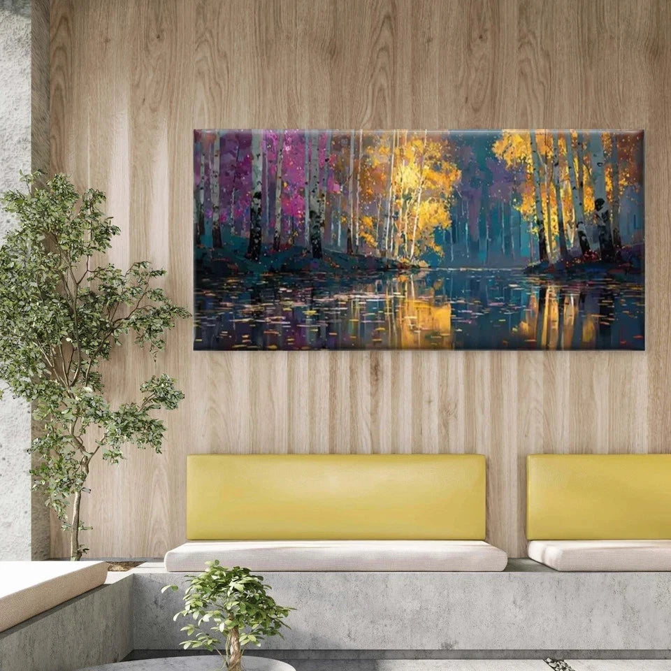 Autumnal Forest with Golden TreeWall Art Canvas Office Home Room Framed 120x60cm