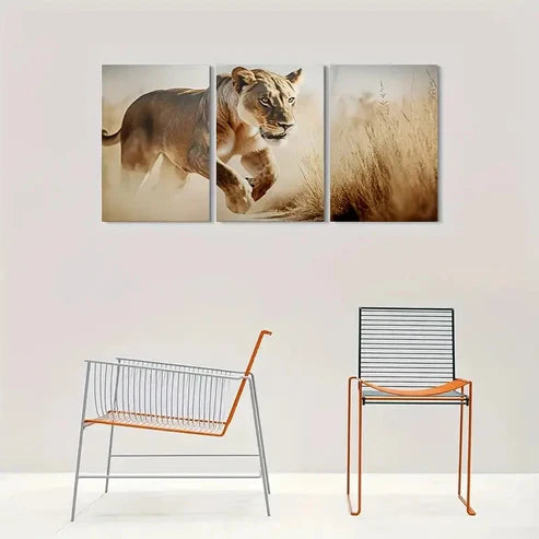 3pcs Wildlife Lioness in Motion Wall Art Canvas Unframed - High Quality Print 100% Australian Made Wall Canvas