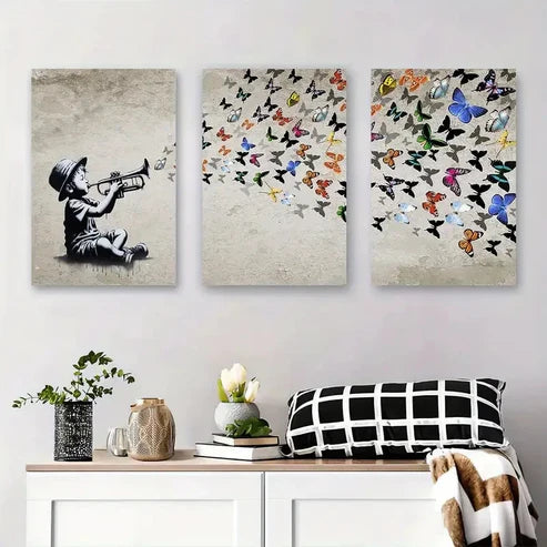 3pcs Musical Notes and Colorful Butterflies Wall Art Set Canvas Unframed - High Quality Print 100% Australian Made Wall Canvas