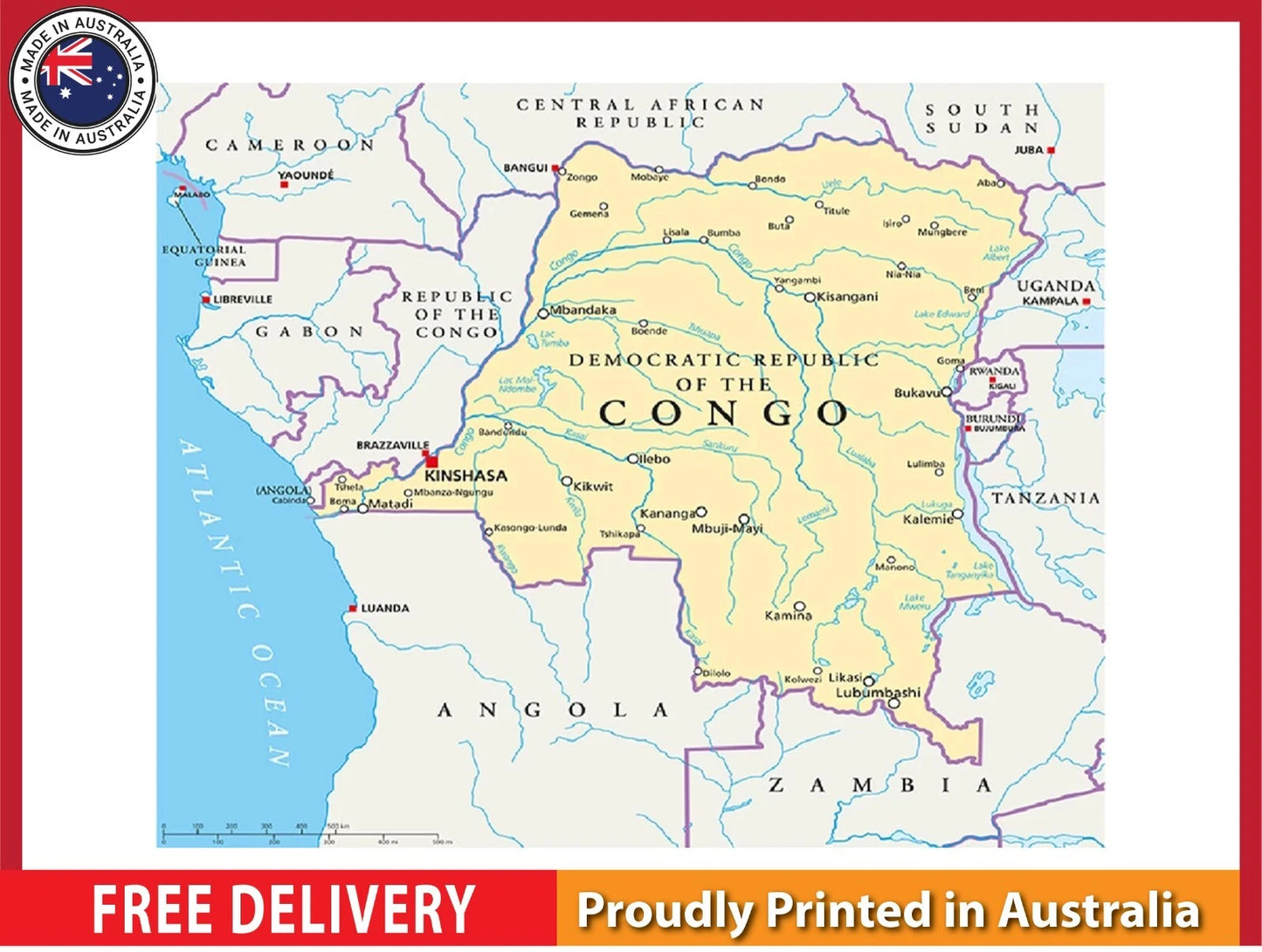 Congo Democratic Republic Politic map with details 91x61cm poster AU