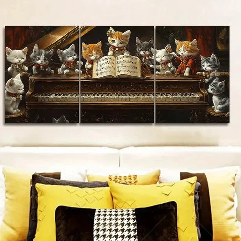 3pcs The cat on the piano Wall Art Set Canvas Unframed - High Quality Print 100% Australian Made Wall Canvas