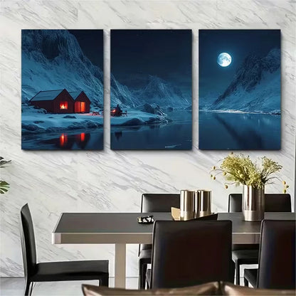 3pcs Moonlit Ice Cliffs Snow-Covered Peaks Metal Print Ready to Hang Art