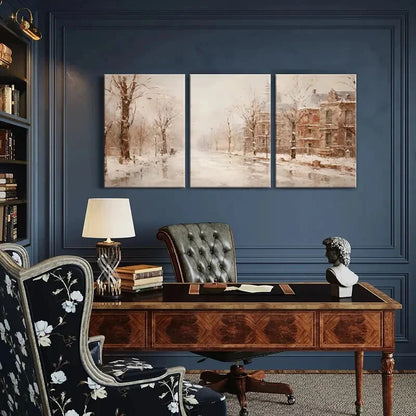 3pcs Snowy Street Winter Landscape Victorian House Metal Print Ready to Hang Art - Bella Home Decor