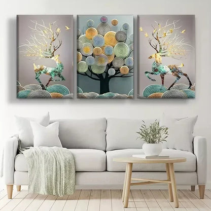 3pcs Abstract Chinese Feng Shui Golden Rich Tree Wall Art Set Canvas Unframed - High Quality Print 100% Australian Made Wall Canvas - Bella Home Decor
