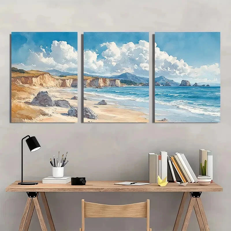 3pcs Watercolor Coastline with Cliffs & Ocean Wave Metal Print Ready to Hang Art - Bella Home Decor