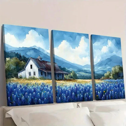 3pcs Bluebonnets Field & White Barn HJ Wall Art Set Canvas Unframed - High Quality Print 100% Australian Made Wall Canvas - Bella Home Decor