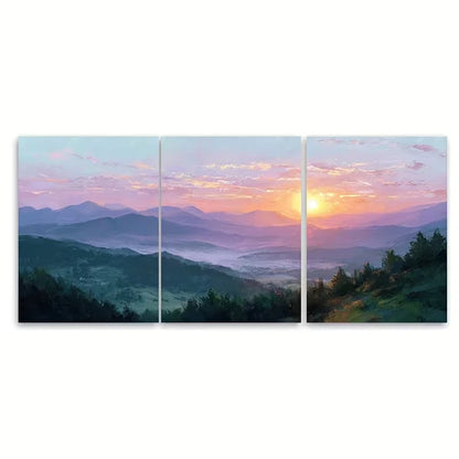 3pcs Soft Pastel Sunrise & Mountain View Metal Print Ready to Hang Art