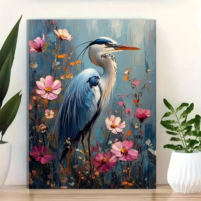 Beautiful Elegant Blue Heron Among Flowers Painting 40x60cm Metal Print Ready to Hang