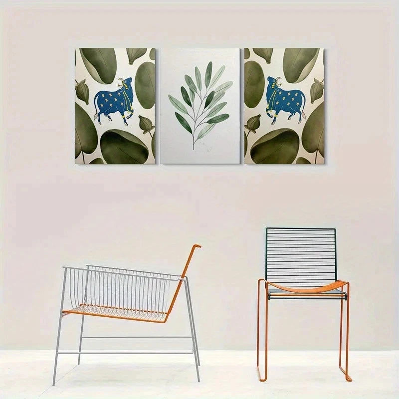 3pcs Blue Bull & Green Leaves Metal Print Ready to Hang Art - Bella Home Decor
