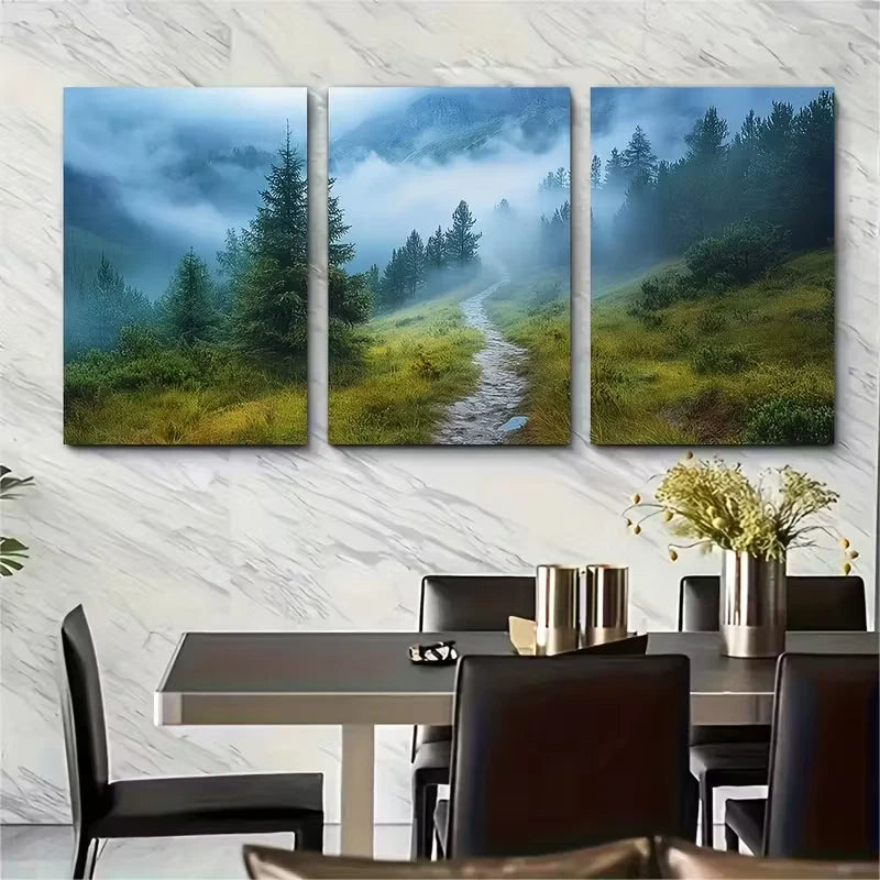 3pcs Misty Mountain Path Metal Print Ready to Hang Art