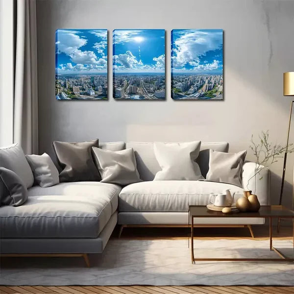 3pcs Blue Sky Above The City Wall Art Set Canvas Framed 60x90cm - High Quality Print 100% Australian Made Wall Canvas Ready to Hang - Bella Home Decor