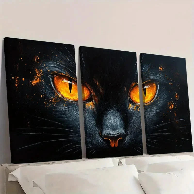 3pcs Whimsical Black Cat Orange Eyes S  Wall Art Set Canvas Framed 60x90cm - High Quality Print 100% Australian Made Wall Canvas Ready to Hang - Bella Home Decor