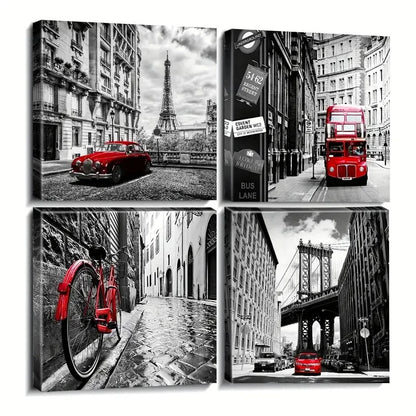 4pcs Red Accent Cityscapes Wall Art Canvas Framed