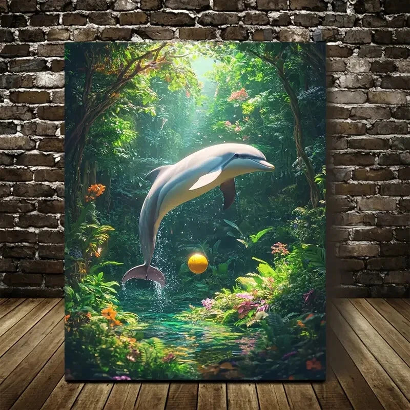 Surreal Dolphin Playing Ball in Lush Green Painting 40x60cm Metal Print Ready to Hang - Bella Home Decor