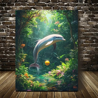Surreal Dolphin Playing Ball in Lush Green Painting 40x60cm Metal Print Ready to Hang - Bella Home Decor