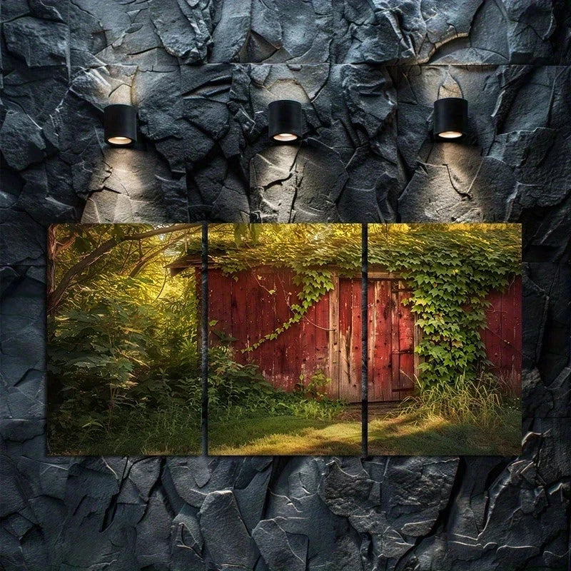 3pcs Old Red Wooden Cabin Covered in Vines Metal Print Ready to Hang Art