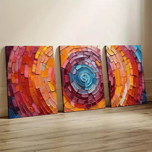 3pcs Vibrant Geometric Stone Brick Circular Canvas Unframed - High Quality Print 100% Australian Made Wall Canvas