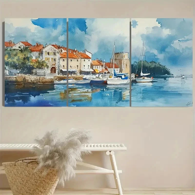3pcs Vibrant Coastal Scene with Boats Wall Art Set Canvas Framed 50x70cm - High Quality Print 100% Australian Made Wall Canvas Ready to Hang