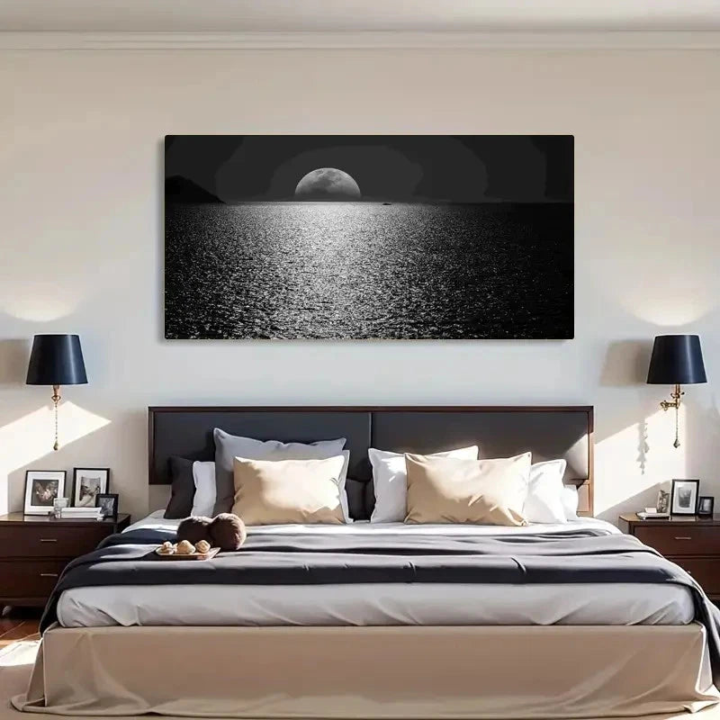 White Moon Ocean Night Black Wall Art Canvas Office Home Room Framed 120x60cm - Bella Home Decor