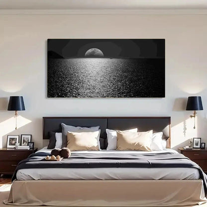 White Moon Ocean Night Black Wall Art Canvas Office Home Room Framed 120x60cm - Bella Home Decor