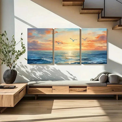 3pcs Sunset Ocean Seagulls Sky Clouds Metal Print Ready to Hang Art - Bella Home Decor