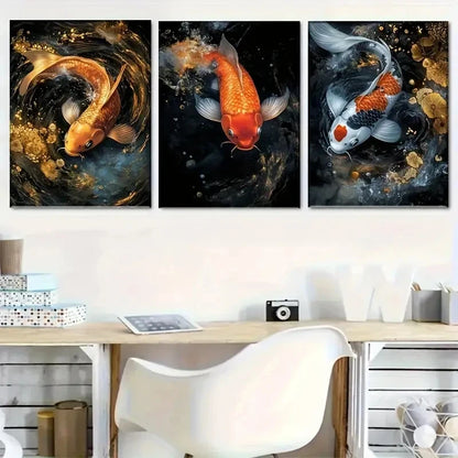 3pcs Dynamic Koi Fish Vibrant with Water Scene Metal Print Ready to Hang Art - Bella Home Decor