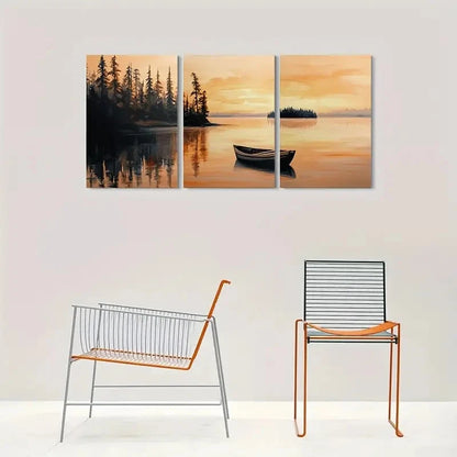 3pcs Sunset Lake Scene with Boat Wall Art Set Canvas Framed 60x90cm - High Quality Print 100% Australian Made Wall Canvas Ready to Hang