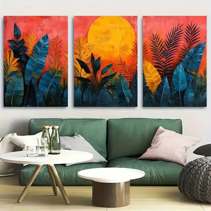 3pcs Tropical Leaf Geometric Collage Abstract Metal Print Ready to Hang Art