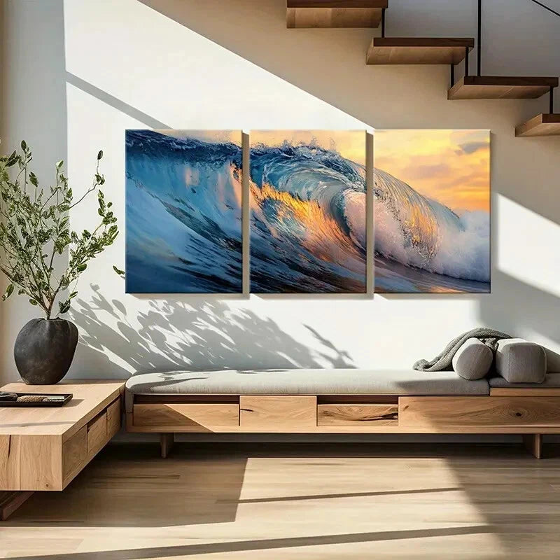 3pcs Ocean Wave Sunset Glow Nature Landscape Metal Print Ready to Hang Art - Bella Home Decor