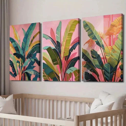 3pcs Tropical Leaves on Pink Background Wall Art Set Canvas Unframed - High Quality Print 100% Australian Made Wall Canvas