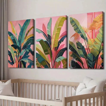 3pcs Tropical Leaves on Pink Background Wall Art Set Canvas Unframed - High Quality Print 100% Australian Made Wall Canvas