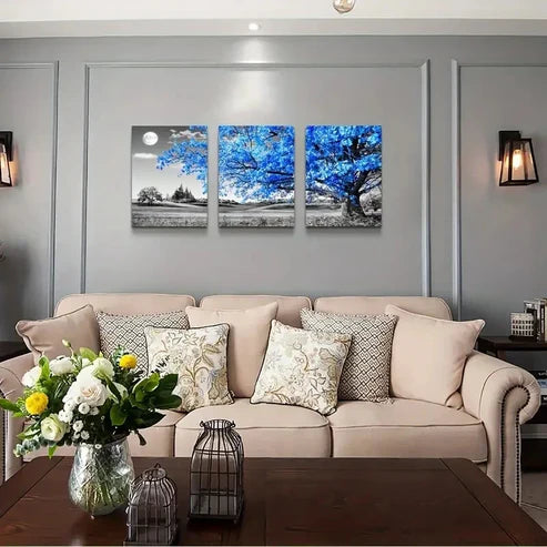 3pcs Blue Tree Moon Landscape with Vibrant Blue Hues Wall Art Set Canvas Unframed - High Quality Print 100% Australian Made Wall Canvas