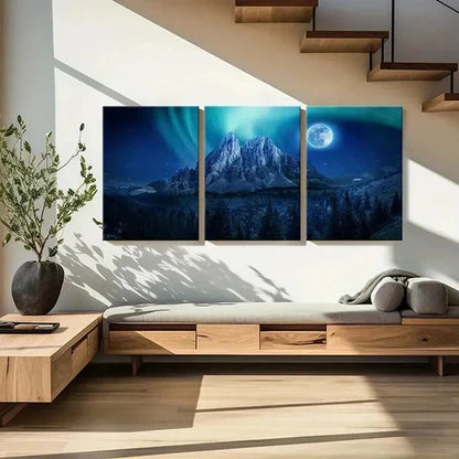 3pcs Mountains Aurora Moon Nature Wall Art Canvas Unframed - High Quality Print 100% Australian Made Wall Canvas