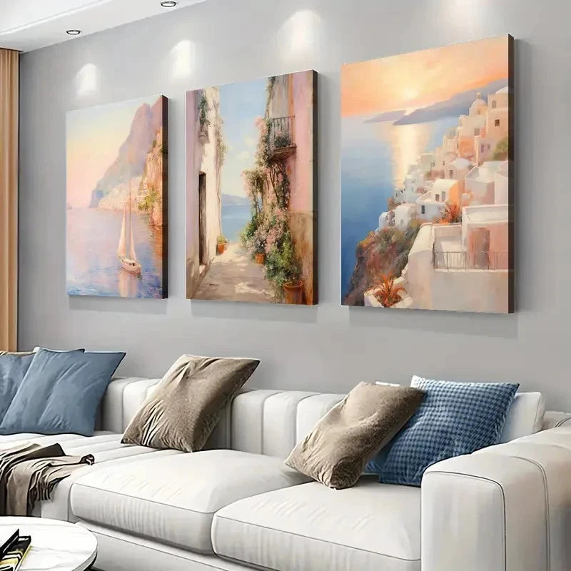 3pcs European Coastal  Canvas Framed 50x70cm - High Quality Print 100% Australian Made Wall Canvas Ready to Hang