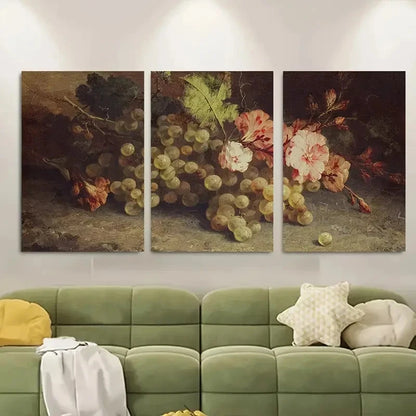 3pcs Still Life Vintage Flowers And Grapes Metal Print Ready to Hang Art
