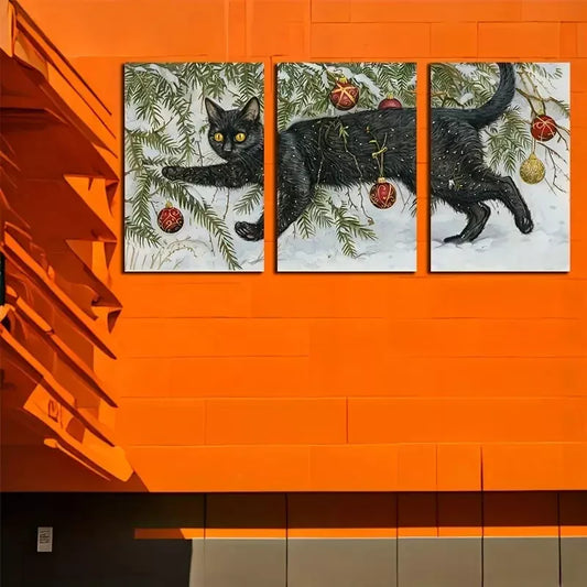 3pcs Black Cat Entangled In Christmas Decorations Wall Art Set Canvas Framed 50x70cm - High Quality Print 100% Australian Made Wall Canvas Ready to Hang