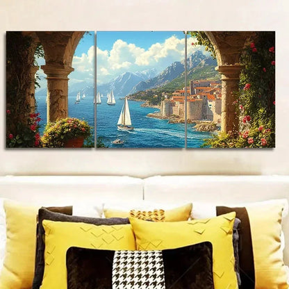 3pcs Mediterranean Coastal View From The Arches  Wall Art Set Canvas Framed 60x90cm - High Quality Print 100% Australian Made Wall Canvas Ready to Hang