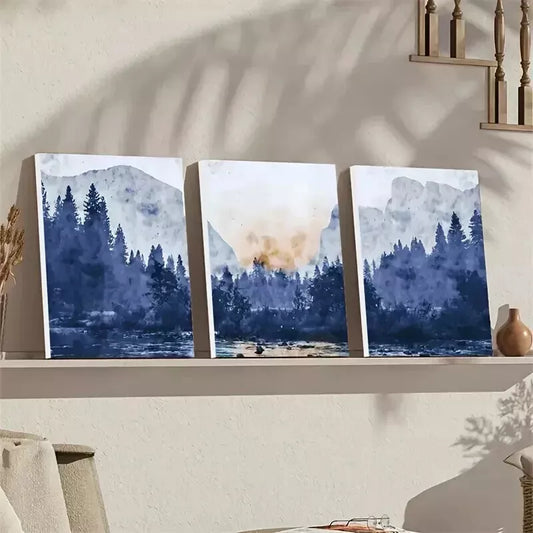 3pcs Blue Mountains Abstract Landscape Wall Art Set Canvas Framed 50x70cm - High Quality Print 100% Australian Made Wall Canvas Ready to Hang