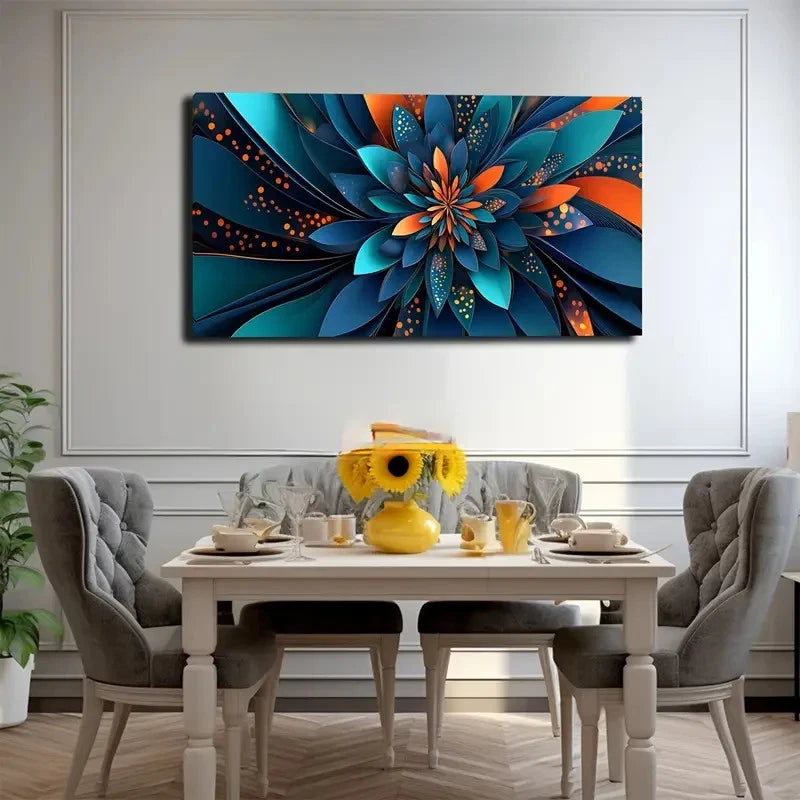 Dining room with a colorful abstract painting on the wall above a table set for a meal.