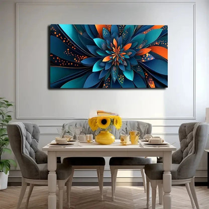 Dining room with a colorful abstract painting on the wall above a table set for a meal.