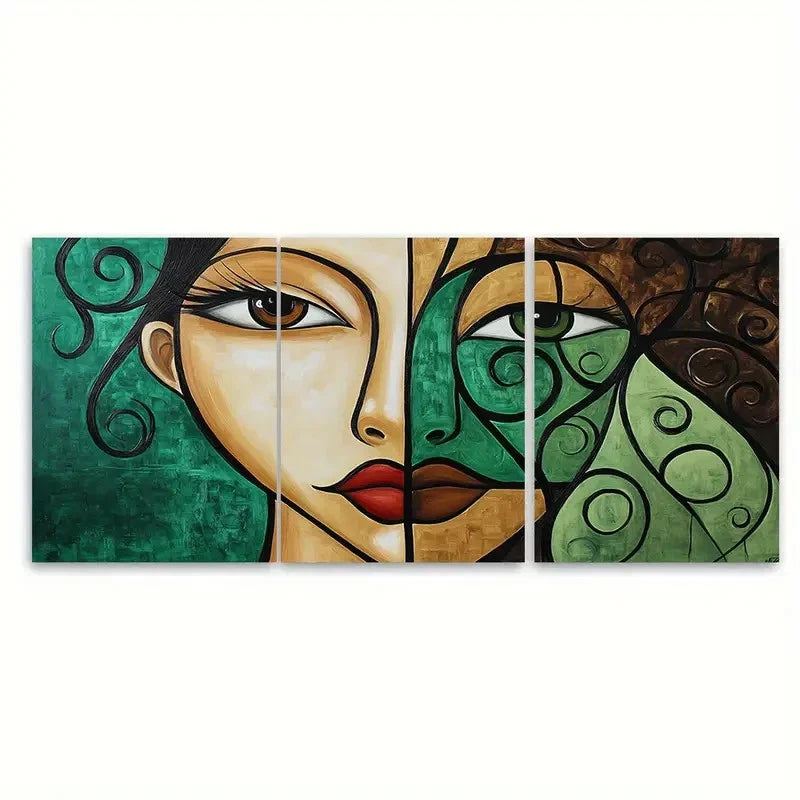 3pcs Brown And Green Woman Painting Woman Face Wall Art Set Canvas Framed 40x60cm - High Quality Print 100% Australian Made Wall Canvas Ready to Hang - Bella Home Decor